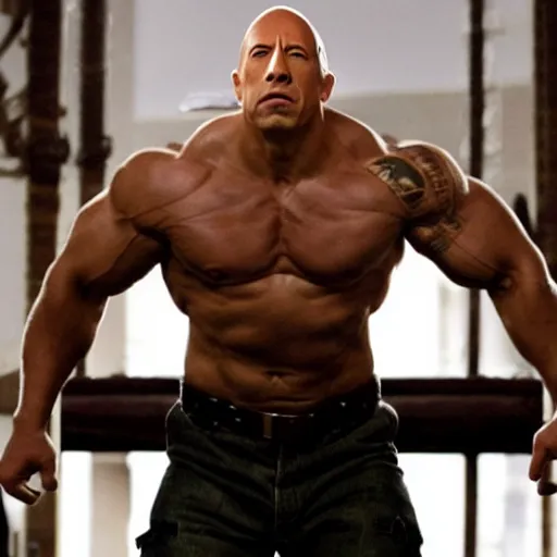 Prompt: photo of dwayne johnson played by vin diesel flexing his pecks and yelling let's go!, a brass bell is visible in the background on his right, low perspective, isometric perspective, movie scene