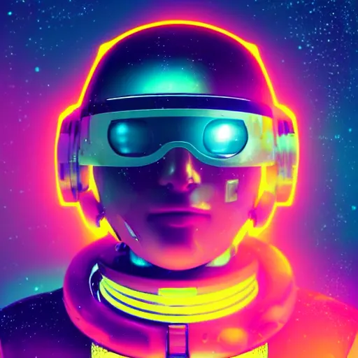 Image similar to cyberpunk astronaut bot, cinema 4 d, galaxy space sci - fi, wearing vr goggles, illustration, portrait, pastel neon textured background night, detailed,