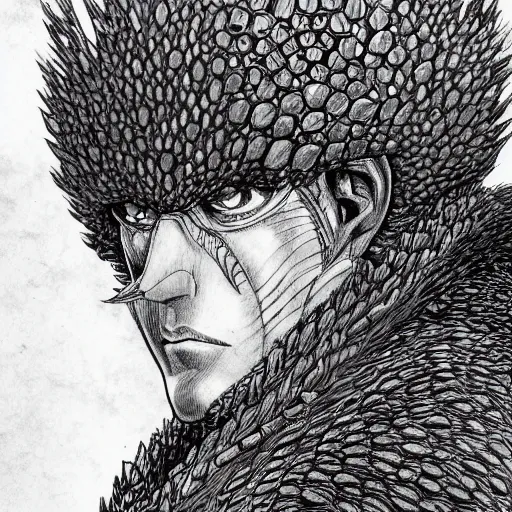 Image similar to A hyper-detailed portrait of a new villain in berserk by kentaro miura