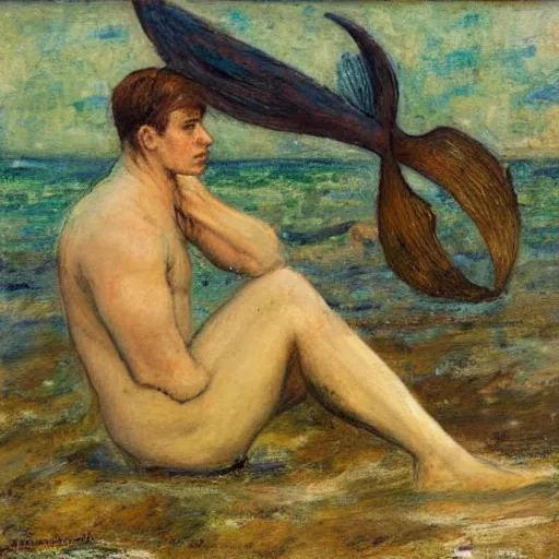 Prompt: male merlock holmes mermaid with a big mermaid tail sitting at the bottom of the sea under water in the style of jules bastien - lepage