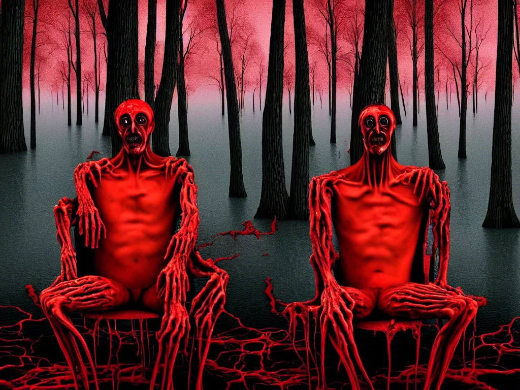Prompt: a portrait of a man with five heads, twelve arms, sitting on chair made of human limbs, the chair is floating in a lake of blood, around the lake are melting trees, the man's limbs are merging with the trees, digital art, hyperrealistic nightmare scene, supernatural, highly detailed, creepy, terrifying