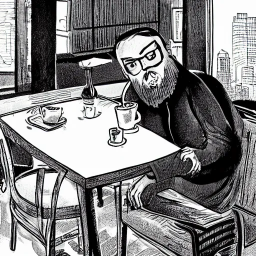 Prompt: sad man forty years old with a beard sitting at a coffee table, black and white, graphic novel