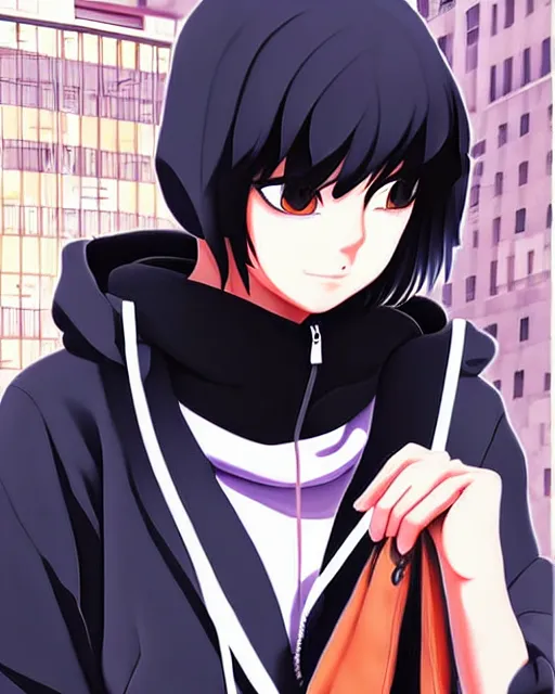 Image similar to black haired girl wearing hoodie, detailed city street background, anime illustration shinkai makoto oil painting