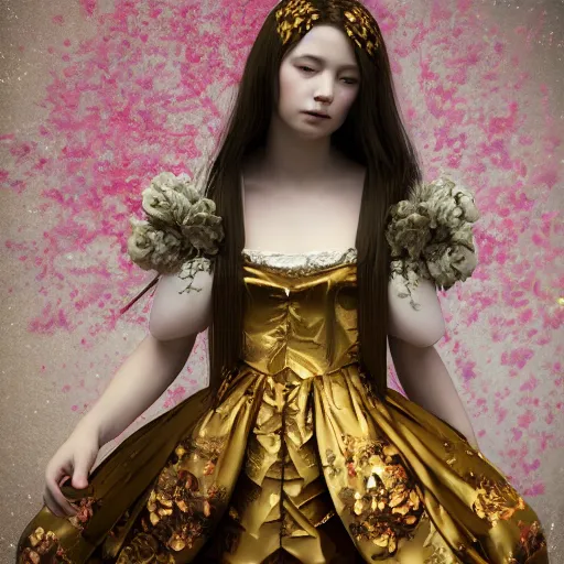 Image similar to 8k, octane render, realism, tonalism, renaissance, rococo, baroque, portrait of a young lady wearing long harajuku manga dress with flowers and skulls, background chaotic gold leaf flowers