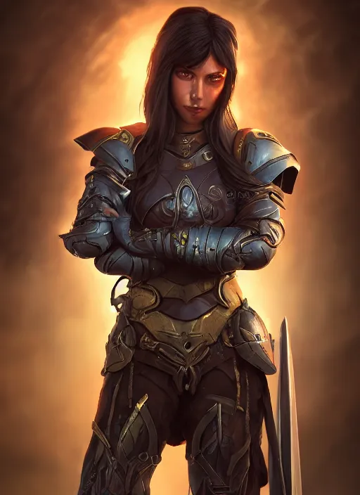 Prompt: A fantasy comic book style portrait painting of a 20 year old female as a paladin in a atmospheric dark fortress, unreal 5, DAZ, hyperrealistic, octane render, RPG portrait, ambient light, dynamic lighting