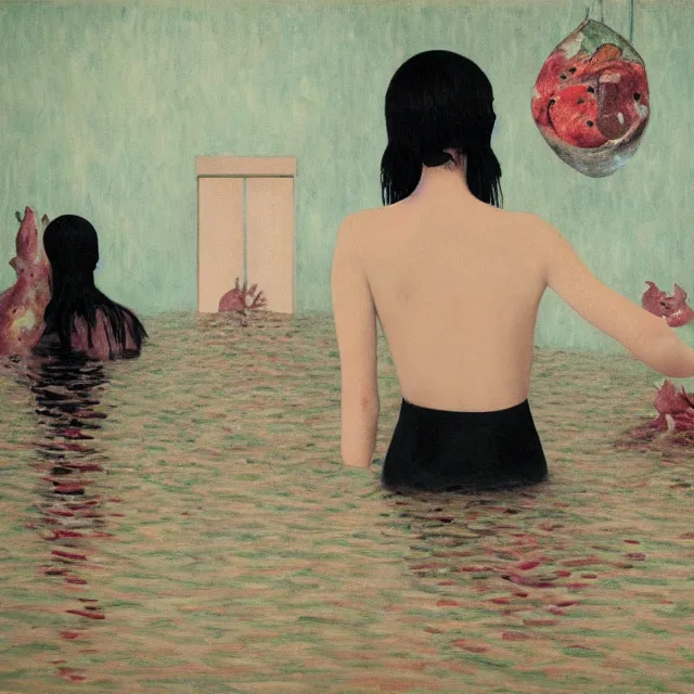 Prompt: tall female emo artist in her flooded bathroom, pigs, water gushing from ceiling, painting of flood waters inside an artist's bathroom, a river flooding indoors, pomegranates, pigs, ikebana, zen, water, octopus, river, rapids, waterfall, black swans, canoe, berries, acrylic on canvas, surrealist, by magritte and monet