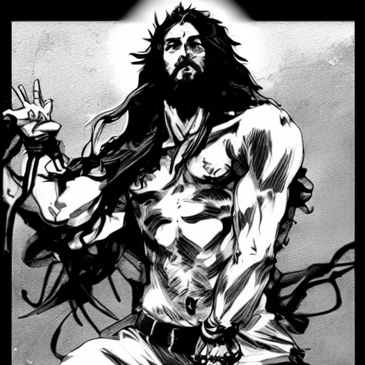 Image similar to jesus in a jojo dramatic pose, artwork by yoji shinkawa