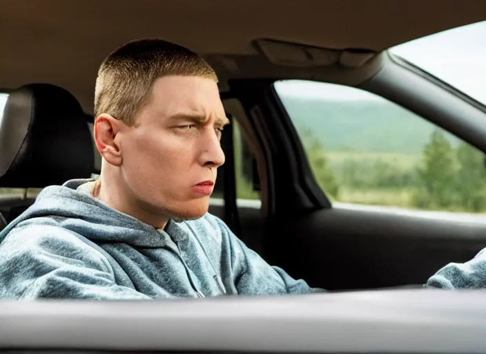 Image similar to a very high resolution image from a new movie, eminem driving a car. inside of a car. alone. mountains, directed by wes anderson