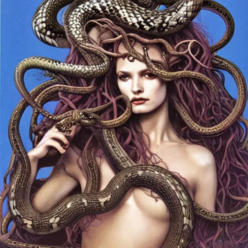 Prompt: head and shoulders vogue 7 0 mm fashion photo of medusa with different species of snakes for her hair, d & d, fantasy, luis royo, magali villeneuve, donato giancola, wlop, krenz cushart