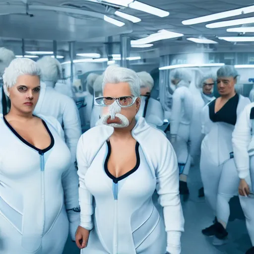 Image similar to formation of determined chubby mustached women with white hair, white hair, tight light blue neopren suits, futuristic production facility, sci - fi, highly detailed, cinematic