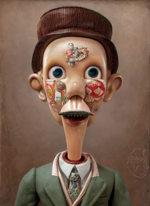 Image similar to highly detailed closeup, face profile portrait of a tin toy albert fish eating cakes, unreal engine, nicoletta ceccoli, mark ryden, earl norem, lostfish, global illumination, detailed and intricate environment