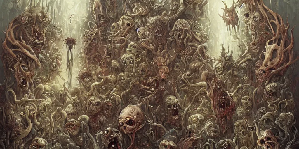 Prompt: A horror illustration layout design of a group of zombies melting into each other by Peter Mohrbacher and andrew ferez and Maximilian Pirner and aaron horkey and peter gric,trending on pinterest,medieval,rococo,maximalist,glittering,feminine