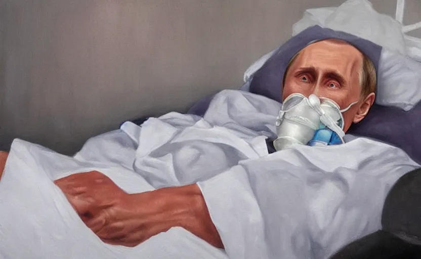 Image similar to hyperrealistic painting of very ill Vladimir Putin as a patient wearing an oxygen mask on a death bed inhaling from Copium tank that stand near his bed