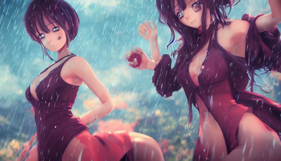 Image similar to anime girls in the rain, masterpiece, pinup, highly detailed, digital painting, artstation, concept art, smooth, sharp focus, illustration, Unreal Engine 5, 8K