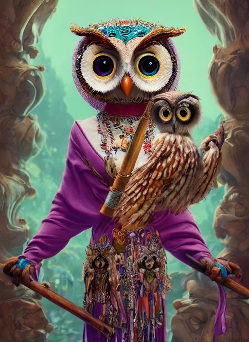 Image similar to an anthropomorphic beautiful goddess female wizard made of owl portrait holding a staff wearing colourful robe, fine art, award winning, intricate, elegant, sharp focus, octane render, hyperrealistic, cinematic lighting, highly detailed, digital painting, 8 k concept art, art by jamie hewlett and z. w. gu, masterpiece, trending on artstation, 8 k