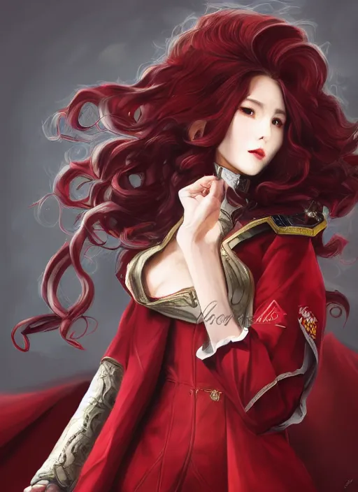 Image similar to a highly detailed illustration of beautiful long dark red haired japanese woman wearing wine red epaulette uniform and coat cape, dramatic wielding strings pose, intricate, elegant, highly detailed, centered, digital painting, artstation, concept art, smooth, sharp focus, league of legends concept art, wlop