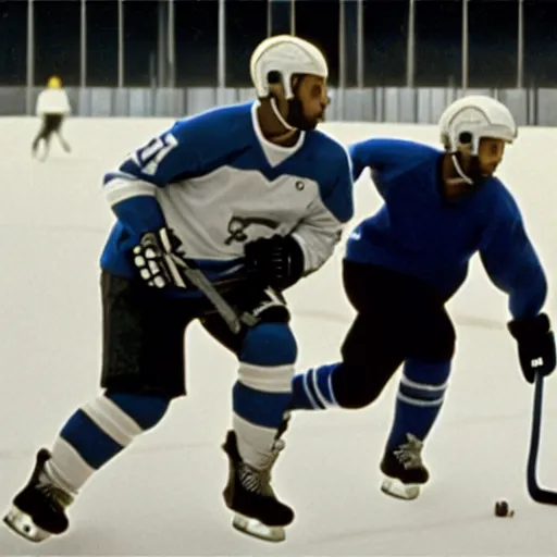 Image similar to drake and joe biden playing hockey, movie still, cinematic lighting