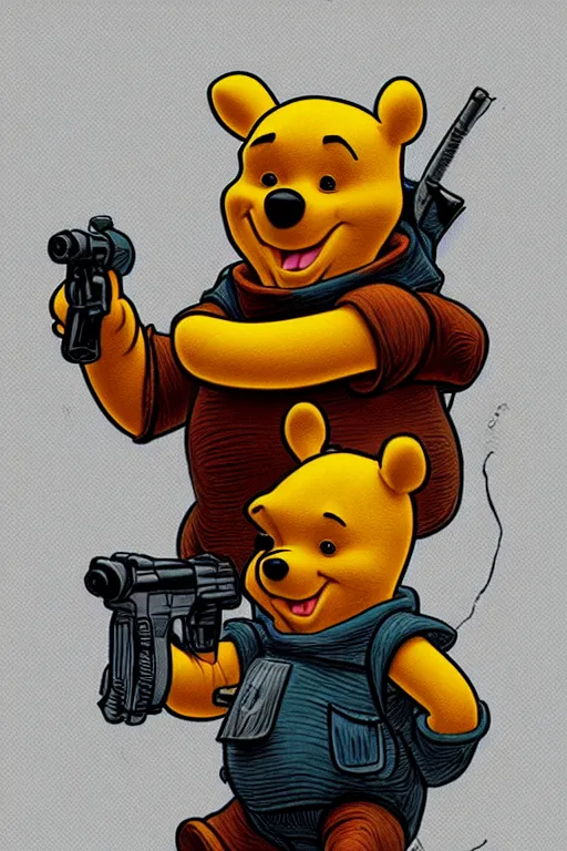 Image similar to Winnie the Pooh as ((cyberpunk)) killer with gun painted on Taro card, digital art, misty, ((gothic)), high detailed, digital art, trending on artstation