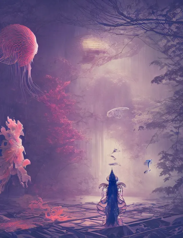 Image similar to 3 d liminal space abandoned temple forest. beautiful intricately detailed japanese crow kitsune mask and clasical japanese kimono. betta fish, jellyfish phoenix, bio luminescent, plasma, ice, water, wind, creature, artwork by tooth wu and wlop and beeple and greg rutkowski