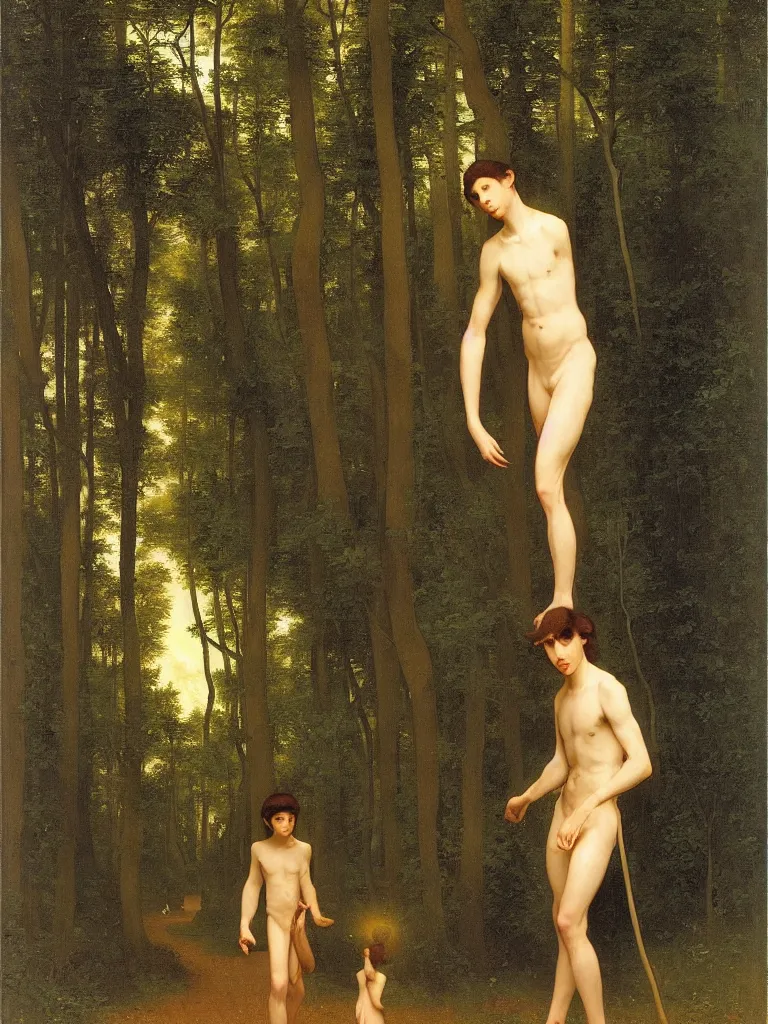 Prompt: young man with long body and long limbs is walking through the forest by the moonlight, by bouguereau and by andrey remnev