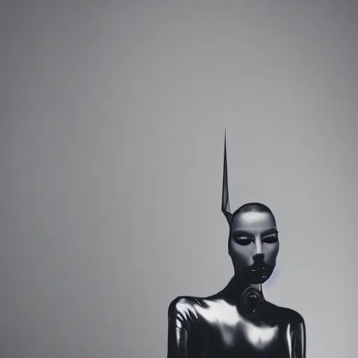 Image similar to fashion photography of an extraterrestrial model, wearing demobaza fashion, inside berghain, berlin fashion, strap on, futuristic fashion, dark minimal outfit, photo 3 5 mm leica, hyperdetail, berghain, 8 k, very detailed, photo by nick knight