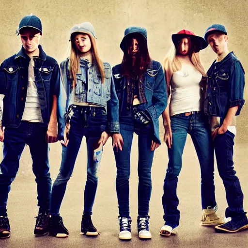 Image similar to Stoner rock girl, nü metal boy, band promo image, girl wearing double denim, boy wearing baggy jeans and baseball cap