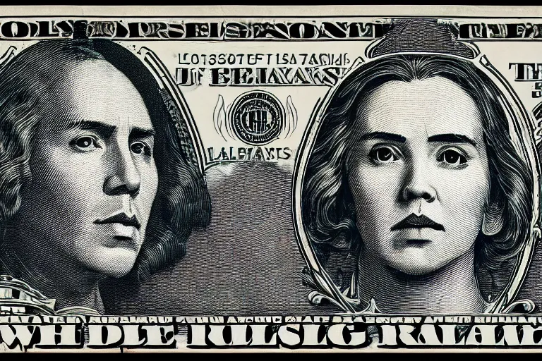 Prompt: reylo kissing dollar bill design