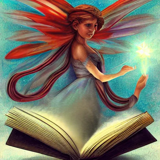 Prompt: a fairy hovers above an open book, highly detailed, digital painting, sharp focus, fantasy art