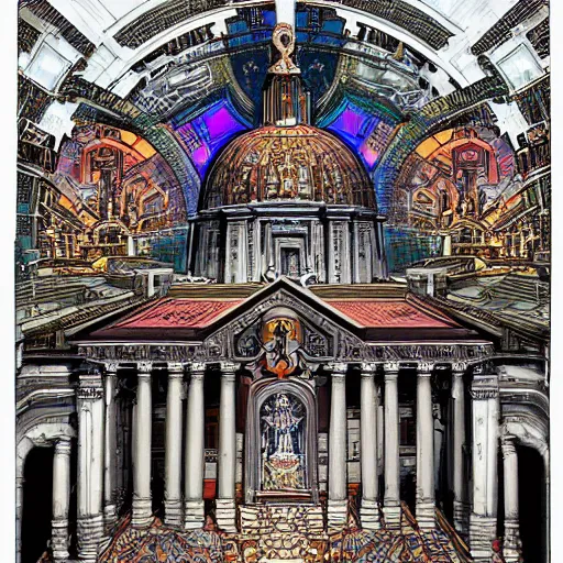 Prompt: the palace of AI, style blend of the vatican, Neo-Andean architecture, cyberpunk, and Eastern Orthodox, depicted in a mixed style of Möbius, Masamune Shirow, Rafael, neoclassical paintings, and Shepard Fairey!!!! Extremely fine ink lineart