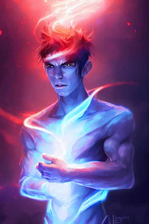 Prompt: a human elemental sorcerer, blurred environment background, blue and red magic effects, white skin, portrait, male, sharp focus, digital art, concept art, dynamic lighting, by emylie boivin and rossdraws