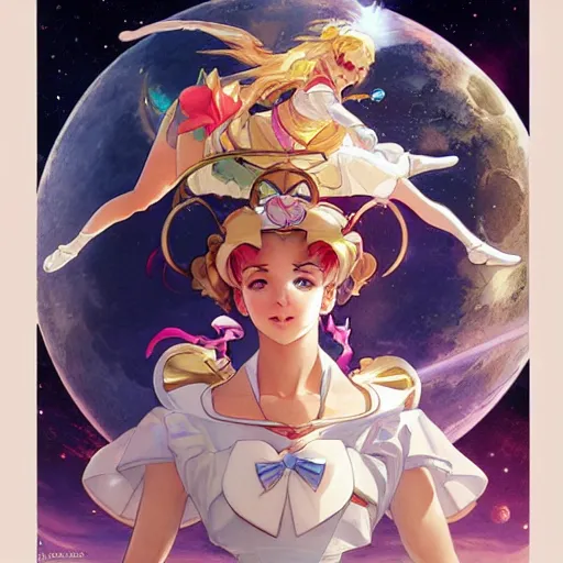 Prompt: Sailor Moon jumping accross the Moon, nature unity, planets align, clear sky high detail, upscale, art by artgerm and greg rutkowski and alphonse mucha