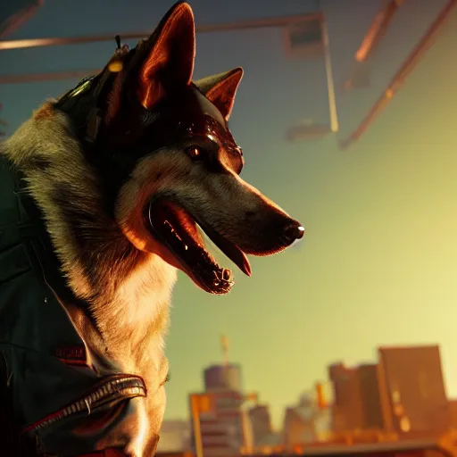 Prompt: 3d render of detective canis lupus wolf muzzle wearing a leather jacket in cyberpunk 2077