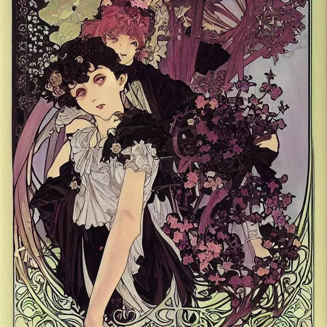 Image similar to gothic lolita and black roses. gouache manga artbook illustration by clamp and alphonse mucha.