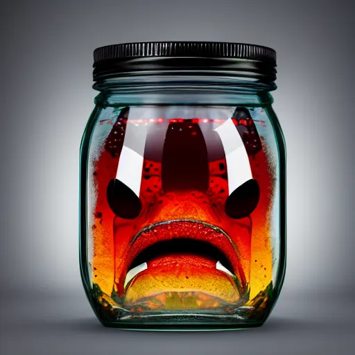 Image similar to Evil monster in a jar, product photography, centered, studio lightning