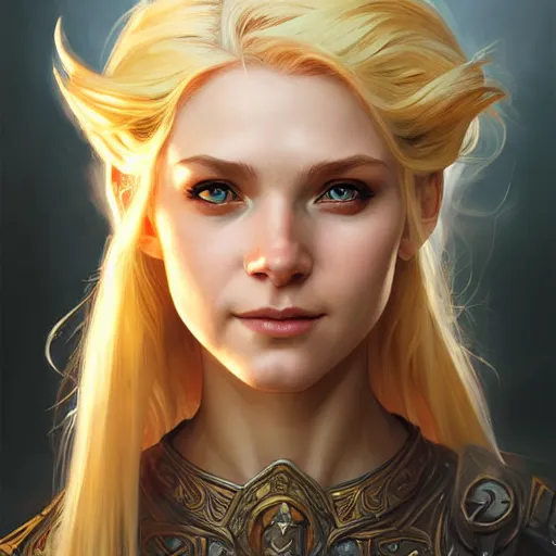 Image similar to an epic fantasy comic book style head portrait painting of a young blonde girl thief, d & d, fantasy, joyful smirk, intricate, elegant, digital painting, artstation, concept art, matte, sharp focus, illustration, art by artgerm and greg rutkowski and alphonse mucha