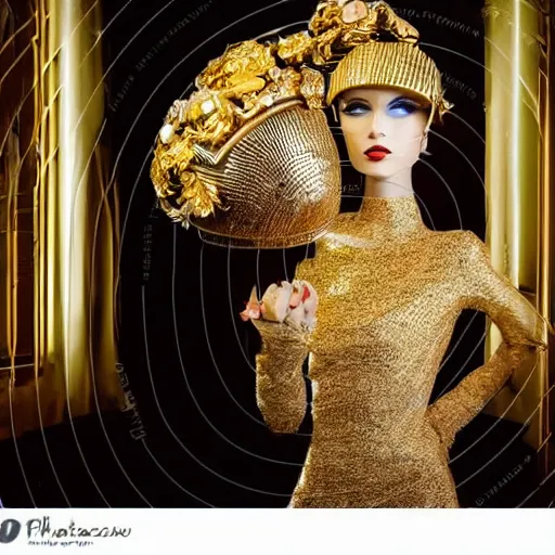 Image similar to close up of a female fashion model in year 3000 in art-deco entrance hall, model wearing a huge surreal Avant-garde helmet in gold, photography , official Versace editorial , highly detailed