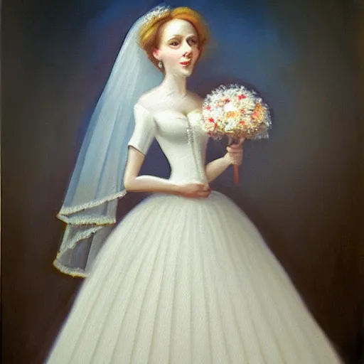 Prompt: oil painted portrait of a rat wearing a white wedding dress, timeless masterpiece, classic, detailed, sharp, clear, 4 k, 8 k