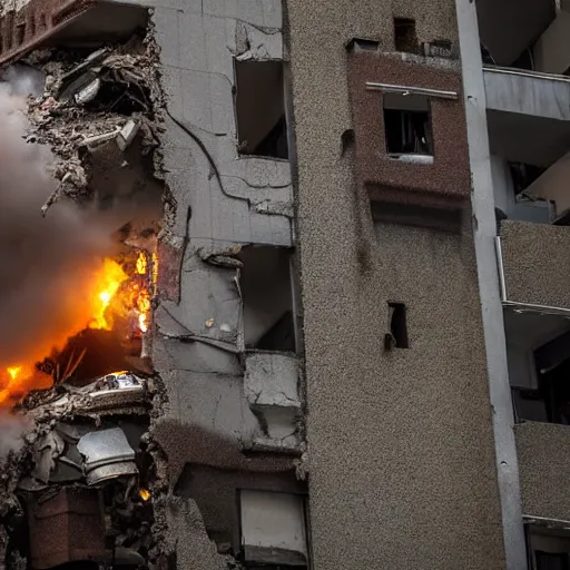 Prompt: a tank crashing through the walls of an apartment building, 4 k, high detail, high - resolution photograph, professional photography, ultra - detail