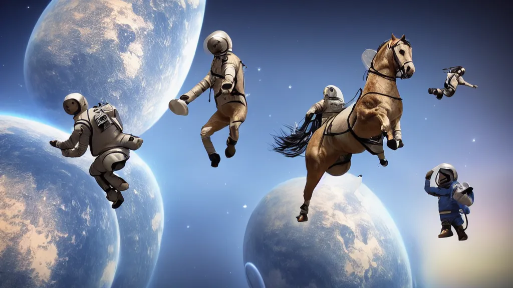 Prompt: no gravity, a horse riding an astronaut, a horse on the back of an astronaut, small horse, huge astronaut, humor, laughter, illusion, deception of vision, 3 d, unreal engine 5, artstationhd, 4 k, 8 k, 3 d render, 3 d houdini, cinema 4 d, octane,