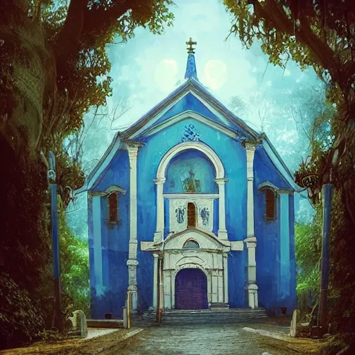 Prompt: blue church in brumado, bahia, brazil, by greg rutkowski and thomas kinkade, Trending on artstation