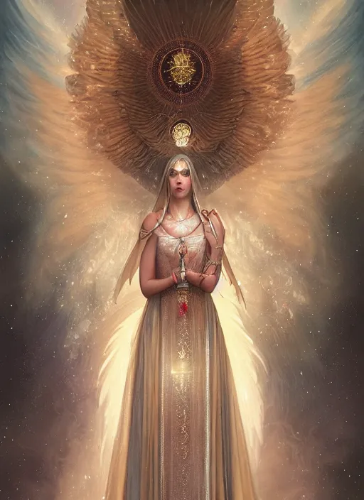 Image similar to A beautiful digital painting of a female Seraphim full of jewels, princess, the moon behind her, intricate, cinematic lighting, highly detailed, digital painting, Artstation, concept art, smooth, sharp focus, illustration, art by Tom Bagshaw, Artgerm and Greg Rutkowski