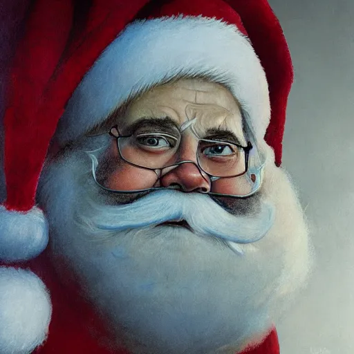 Image similar to Portrait Portrait of Santa Claus the Rotund Elf emerging from his signature red outfit whilst standing atop volcano greg rutkowski dan witz paul klee andrew wyeth tom bagshaw stanton feng bastien lecouffe-deharme tombow oil painting