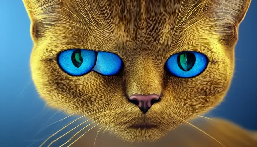 Prompt: Face of a gold cat with blue eyes, hyperdetailed, artstation, cgsociety, 8k