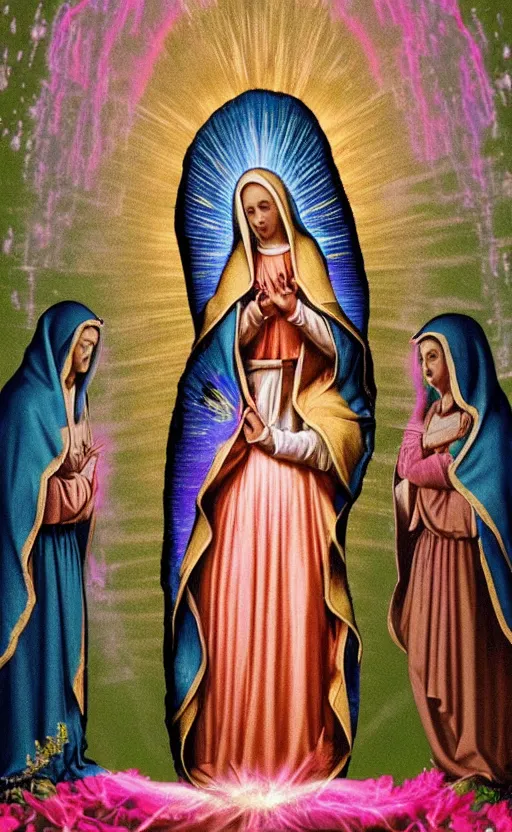 Prompt: virgin mary, our lady of lourdes, lady of guadalupe, blessed mother in front of a pink waterfall with ribbons and angels in clouds. beautiful lighting. highly detailed textures.