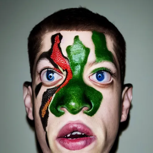 Image similar to a close - up portrait photo of pete davidson cosplaying as a poison frog by erwin olaf