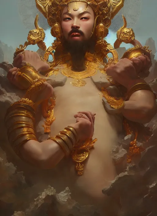 Image similar to Gigantic Deity with 8 arms, extremly detailed oil painting, in the style of Fenghua Zhong and Ruan Jia and Jeremy Lipking, rim light, beautiful lighting, 8k, stunning scene, raytracing, octane, trending on artstation