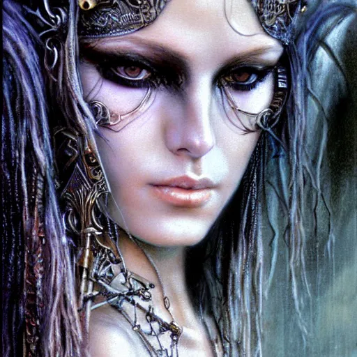 Prompt: an award finning closeup facial portrait by alan lee, luis royo and john howe of a bohemian female cyberpunk traveller clothed in excessively fashionable 8 0 s haute couture fashion and wearing ornate art nouveau body paint