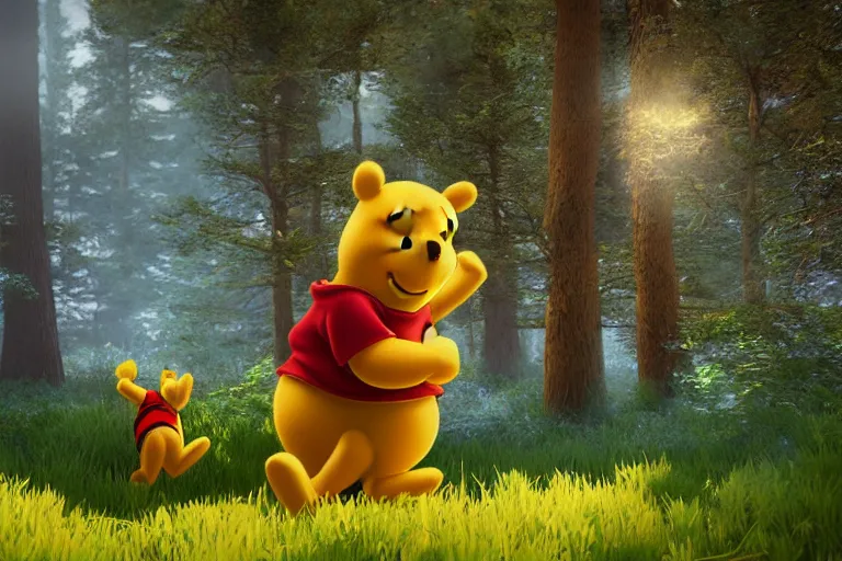 Image similar to winnie the pooh flying inside ufo above forest, unreal engine, volumetric light