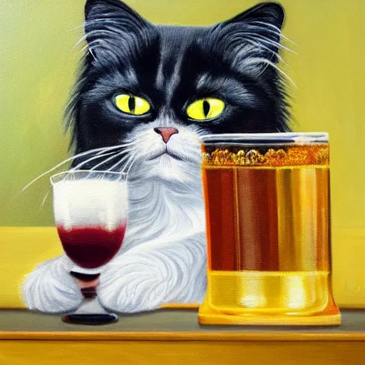 Image similar to of a british longhair cat sitting at the bar next to a beer, cinematic. intricately detailed acrylic painting