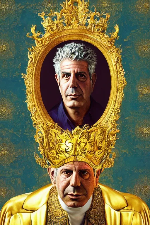 Prompt: “A majestic portrait Anthony Bourdain with a crown sitting in a gold throne,johannes voss,titian, Tom Bagshaw, Sam Spratt, maxfield parrish, gustav klimt , cinematic, hyper realism, high detail, 8k, intricate, gold green and purple colors”